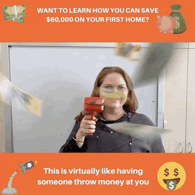 a woman is holding a gun with money coming out of it