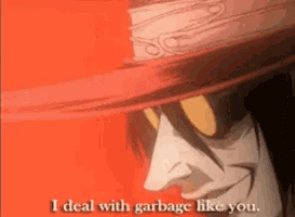 a cartoon character with a red hat and sunglasses says i deal with garbage like you
