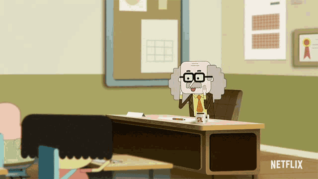 a cartoon of an old man sitting at a desk with netflix written on the bottom right