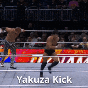two men are wrestling in a ring and the words yakuza kick are on the bottom