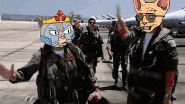a cartoon of a cat wearing a crown standing next to a man