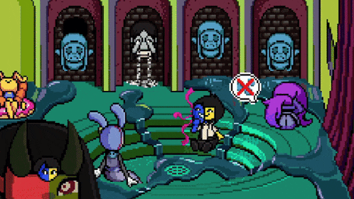 a pixel art drawing of a man sitting on a staircase surrounded by a bunch of monsters .