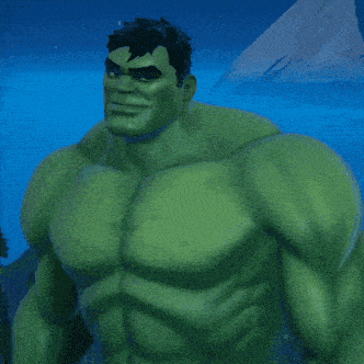 a close up of a green hulk with a blue sky in the background
