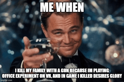 a man in a tuxedo is holding a glass of wine with the caption " me when "