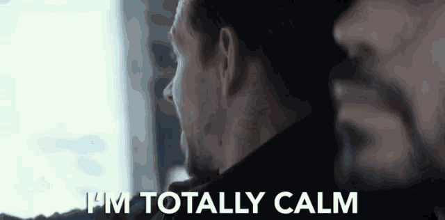 a man with a beard is saying `` i 'm totally calm '' while another man looks on .