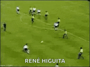 a soccer goalie is jumping in the air to catch a soccer ball in the net .