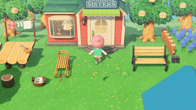 a video game character is standing in front of a house called stable sisters
