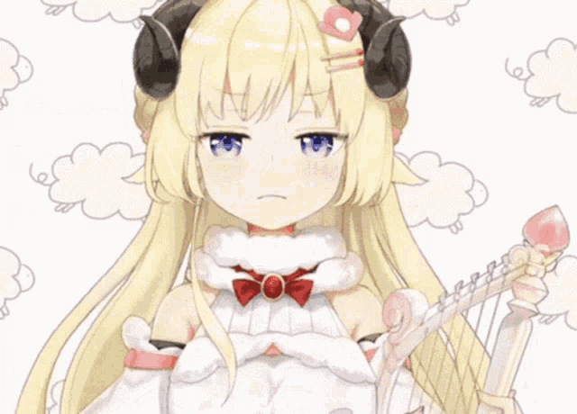 a girl with horns is holding a harp and making a funny face .