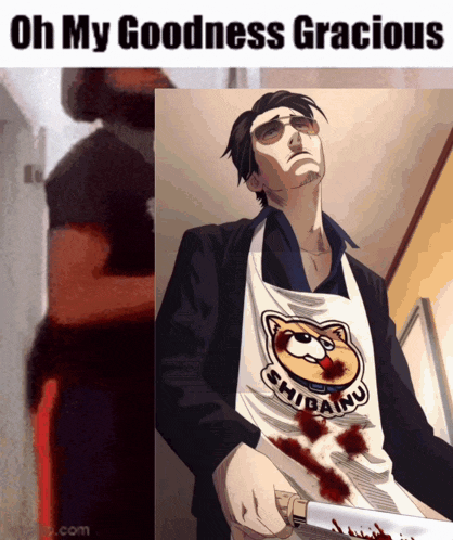 a man wearing a shibainu apron is holding a bloody knife in his hand