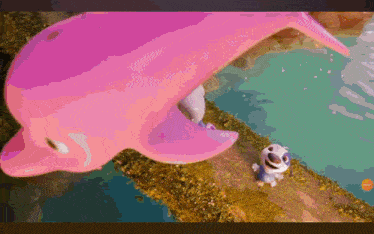 a pink dolphin is swimming in the water next to a smaller dolphin