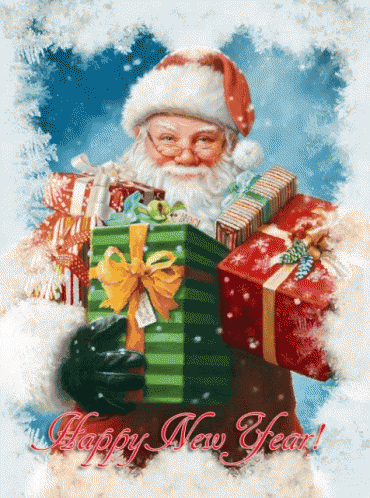 a christmas card with santa claus holding gifts and the words happy new year below him