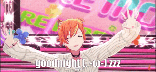 a girl with a cat ear and a choker says goodnight with her arms outstretched
