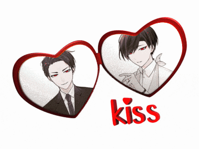 two hearts with the word kiss in red