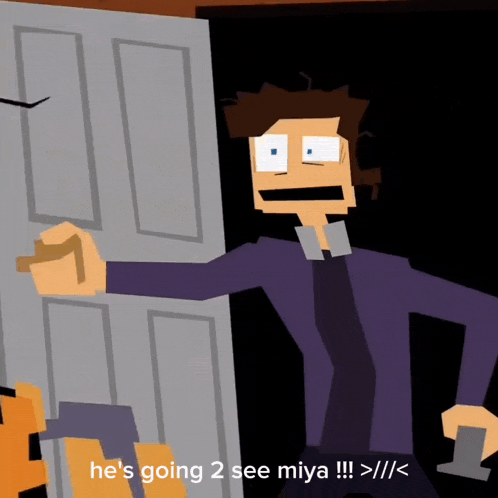 a cartoon character says he 's going 2 see miya > // <