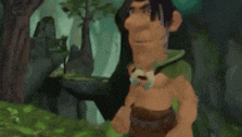 a cartoon character is standing in the woods holding a leaf .