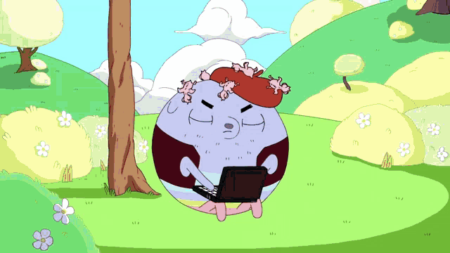 a cartoon character is sitting under a tree with a laptop on his lap