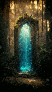 a doorway in the middle of a forest with a blue light coming through it