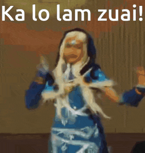 a woman in a blue and white costume is dancing with the words ka lo lam zuai above her