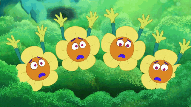 a group of cartoon flowers with a surprised face on them