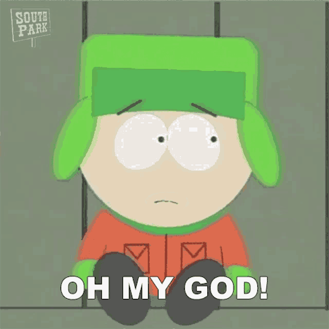 a cartoon character from south park is sitting on a wall and saying oh my god .
