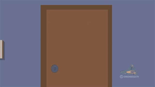 a cartoon of two men standing in front of a door that has a green lock