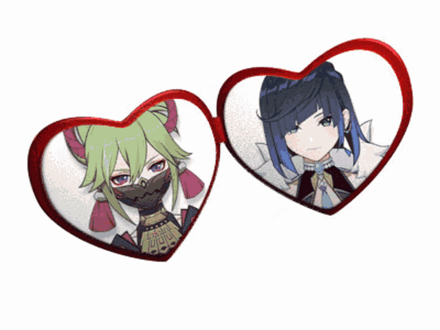 a couple of hearts with two anime characters inside of them