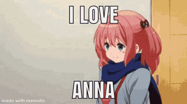 a girl with pink hair is wearing a scarf and saying i love anna .