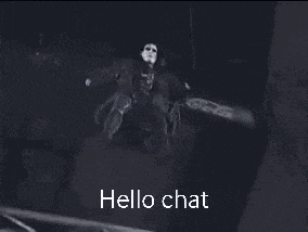 a man in a black suit is flying through the air with the words hello chat above him