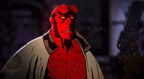 a cartoon drawing of a red monster with a gun in his hand