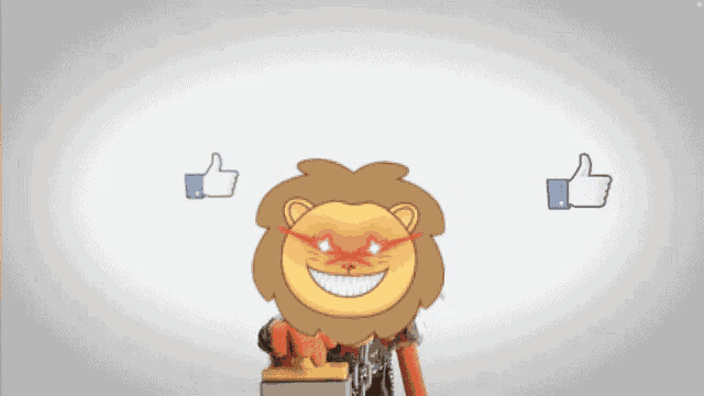 a cartoon of a lion with red eyes and a thumbs up in the background