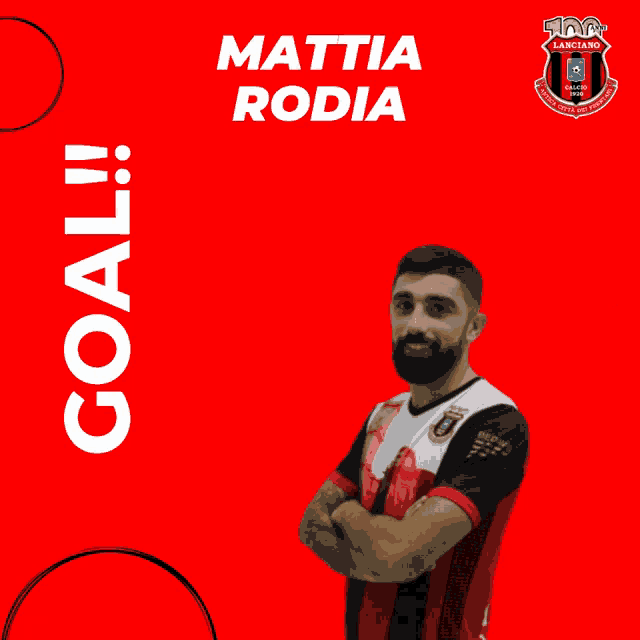 a man with a beard stands in front of a red background that says mattia rodia goal