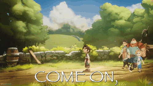 a cartoon scene with the words come on written in white