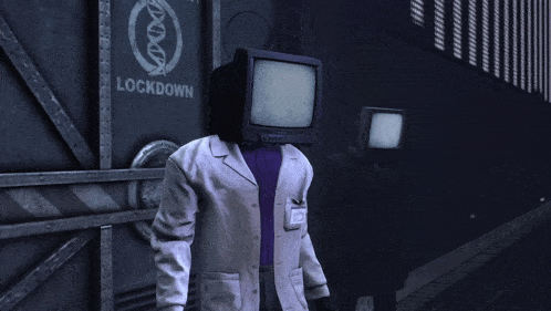 a man with a tv on his head in front of a wall that says lockdov
