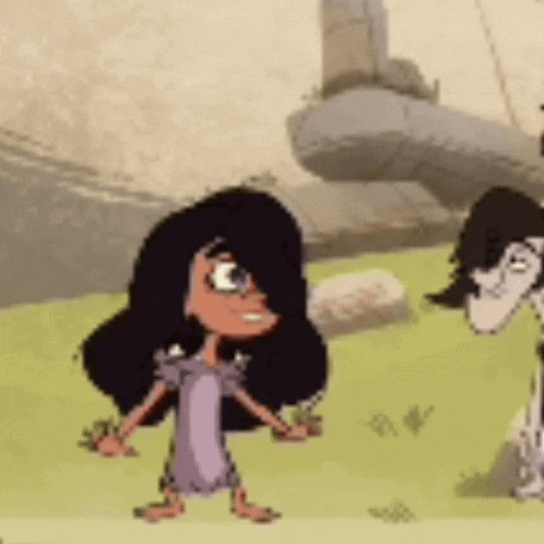 a couple of cartoon characters standing next to each other on a grassy field .