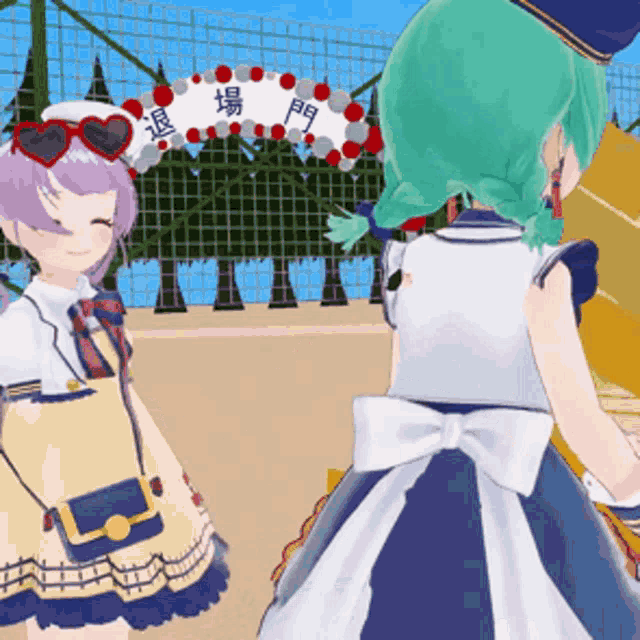 two anime girls are standing next to each other in front of a sign that says ' a ' on it