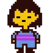 a pixel art of a person with a yellow face and a blue shirt