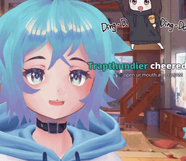 a girl with blue hair says traphundier cheered in a video