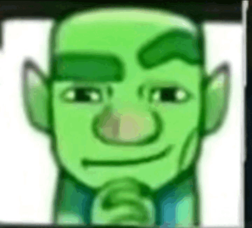 a close up of a cartoon character 's face with a hand on his chin