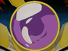 a cartoon drawing of a purple and white sphere in a gold frame