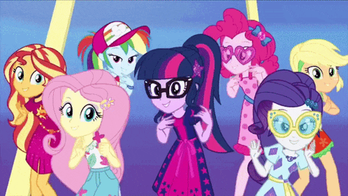 a group of little pony girls are standing together and twilight sparkle is wearing sunglasses