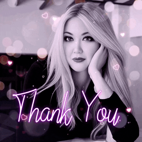 a woman with a hand on her face is surrounded by hearts and the words thank you