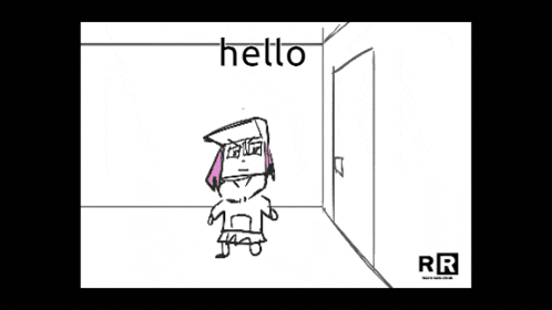 a black and white drawing of a stick figure with the word hello written on it