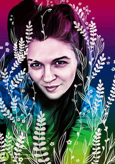 a drawing of a woman surrounded by white flowers