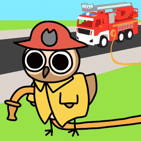 an owl wearing a fireman 's hat is holding a hose in front of a fire truck with the number 51 on it