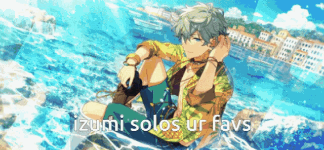a boy is sitting in the water with the words izumi solos ur favs written below him