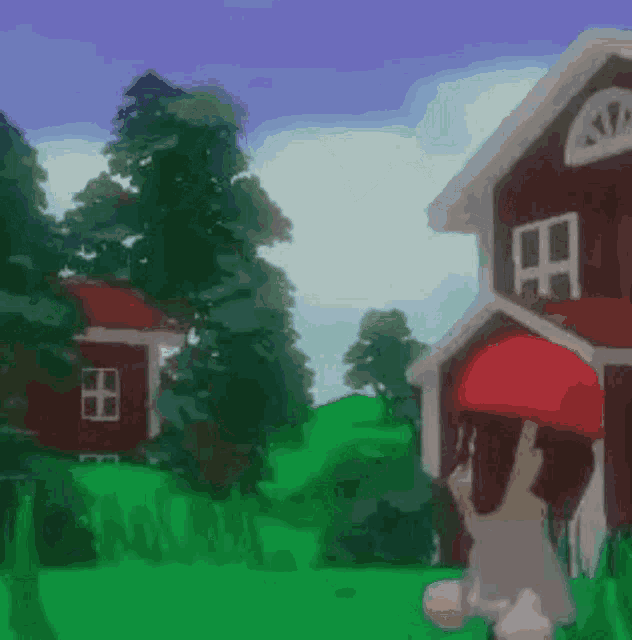 a cartoon drawing of a dog standing in front of a red barn