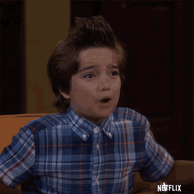 a young boy in a plaid shirt is sitting on a couch with a netflix logo on the bottom right