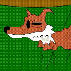 a cartoon drawing of a fox with a white collar on a green background