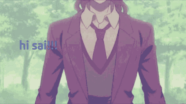 a man in a suit and tie is smiling with the words hi sai written below him