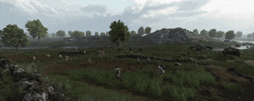 a computer generated image of a field with trees and rocks